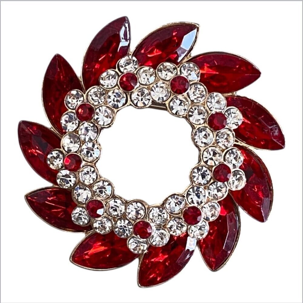 Ruby Red Rhinestone Crystal Flower Wreath Brooch - Picture 2 of 6